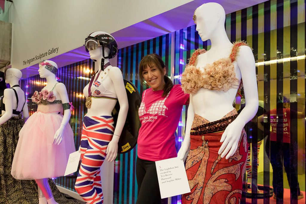 Close up of 'Walk the Walk' founder Nina Barough CBE amongst the exhibits at the the 'Bust Up' launch event.