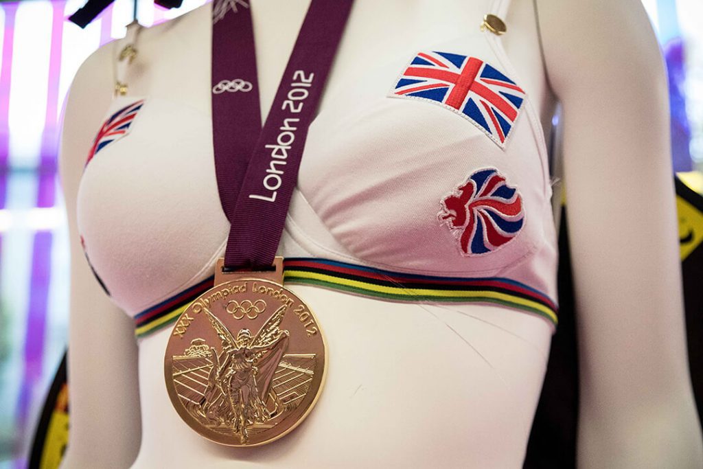 A close up image of a designed bra celebrating London 2012 for the Bust Up launch event for the Walk th eWalk charity