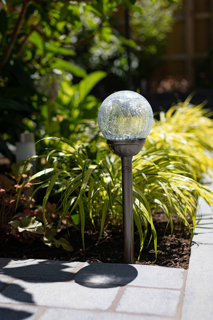 A soft focus shot in a garden design featuring globe lighting with planting behind.
